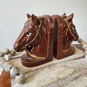Vintage 70s Ceramic Horse Bookends Decor Retro 1970s Horse Head Pair